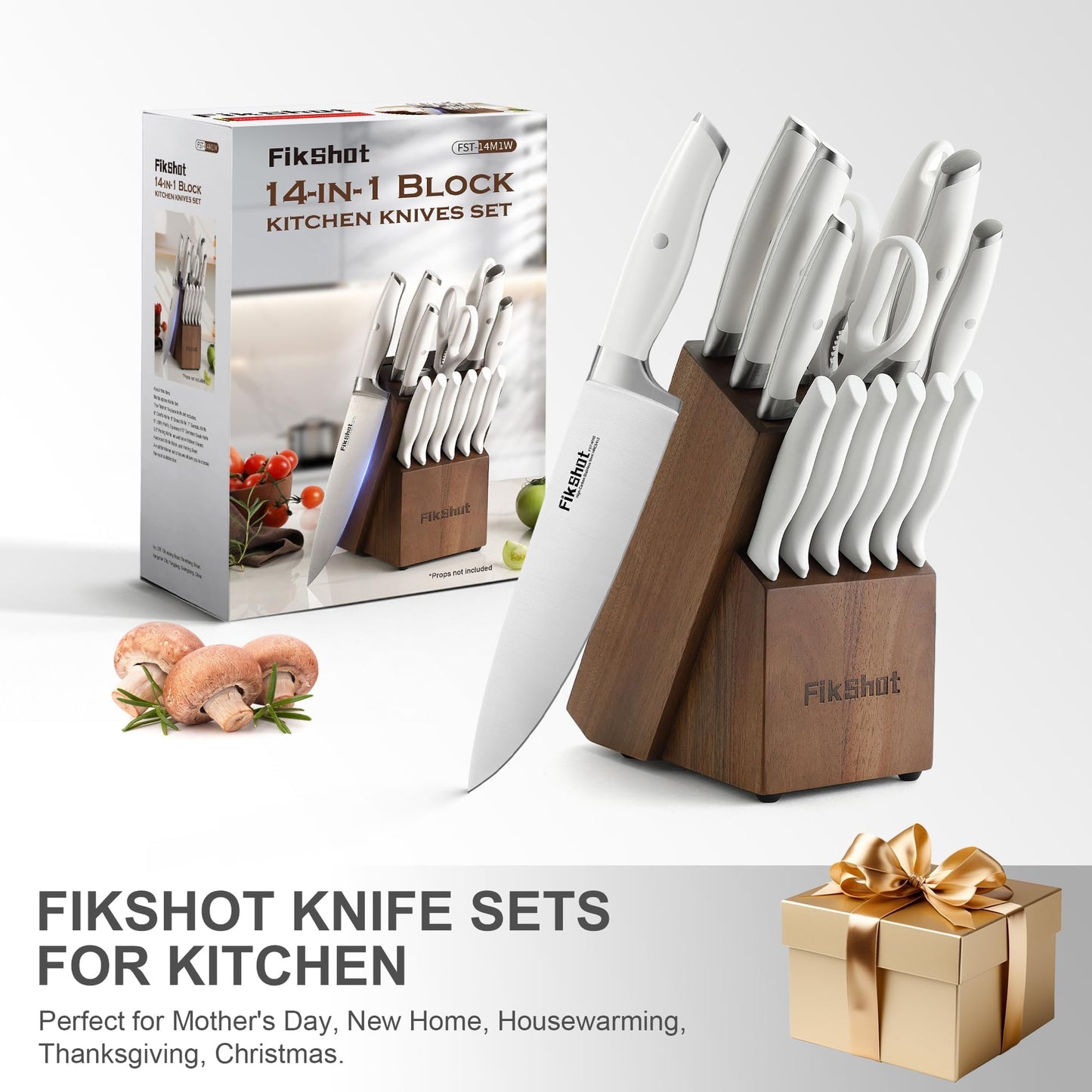 Fikshot 14-Piece Knife Set – German High Carbon Stainless Steel, Professional Chef Knives with Block & Sharpener, Elegant White, Dishwasher-Safe, Modern Kitchens, Rental Homes, Gift for Chefs