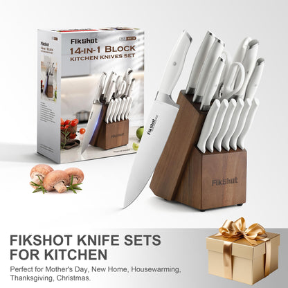 Fikshot 14-Piece Knife Set – German High Carbon Stainless Steel, Professional Chef Knives with Block & Sharpener, Elegant White, Dishwasher-Safe, Modern Kitchens, Rental Homes, Gift for Chefs