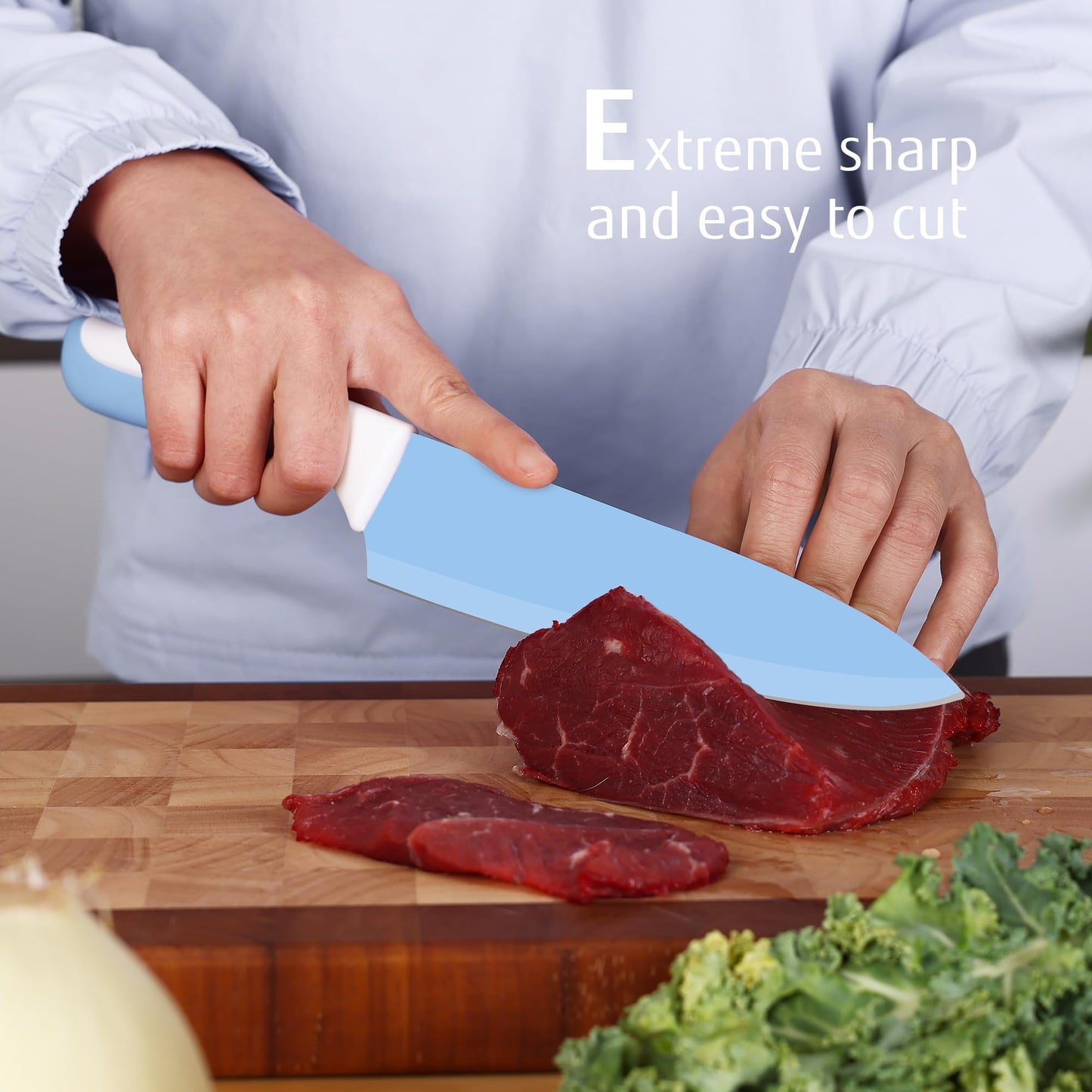hecef 15 Pieces Kitchen Knife Set with Built-in Sharpening Wooden Block, Dishwasher Safe, High Carbon Stainless Steel Knife Block Set with Steak Knives, Kitchen Scissors, Blue