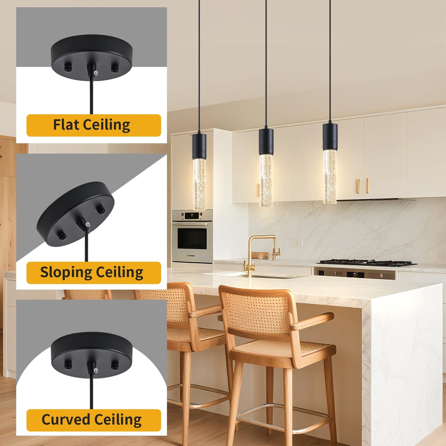 JULiN HOME Black Pendant Lights Kitchen Island, Crystal Bubble Pendant Lights, Adjustable Modern Pendant Light Fixtures for Dining Living Room Bedroom 3 Pack