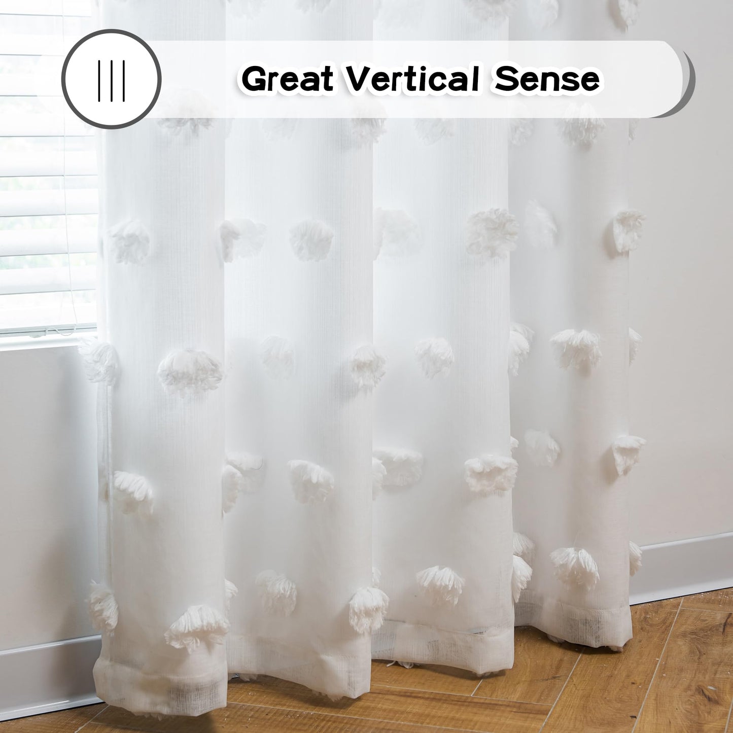 MYSKY HOME White Curtains for Bedroom 63 Inch Long Double Layer Curtains for Kids Room Kithen White Pom Pom Sheer Nursery Curtains Grommet Room Darkening Window Curtains 2 Panels Set, 52 x 63 Inch