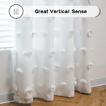 MYSKY HOME White Curtains for Bedroom 63 Inch Long Double Layer Curtains for Kids Room Kithen White Pom Pom Sheer Nursery Curtains Grommet Room Darkening Window Curtains 2 Panels Set, 52 x 63 Inch
