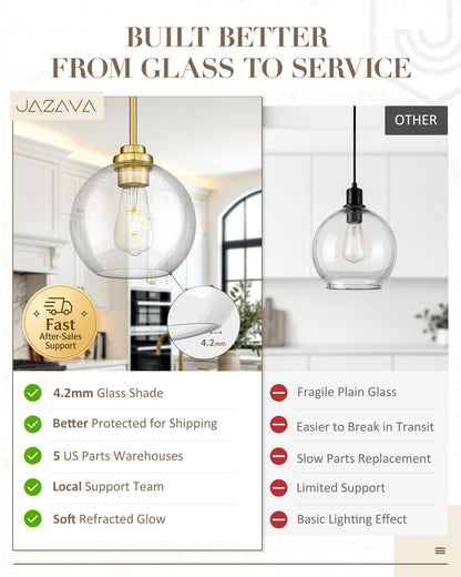 JAZAVA 8 inch Modern Gold Pendant Light Fixtures, Mid Century Globe Pendant Lights with Clear Glass, 1 Light Hanging Lights for Kitchen Island, Bathroom, Dining Room (1 Pack), PL101BG-L