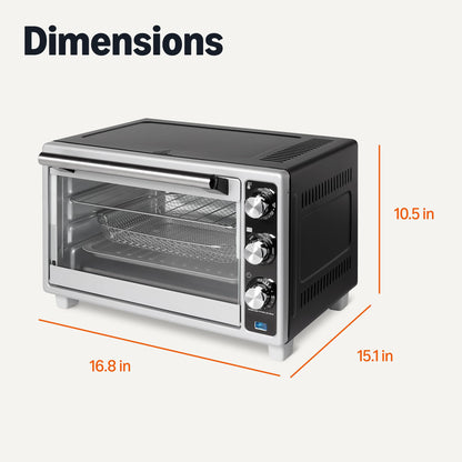 Amazon Basics 6-Slice 23-QT Toaster Oven with Built-In Air Fryer, 7-In-1 Cooking Options, 60-Min Timer & Adjustable Temperature (200°F - 450°F), With Accessories, 1500W, Stainless Steel, Silver/Gray