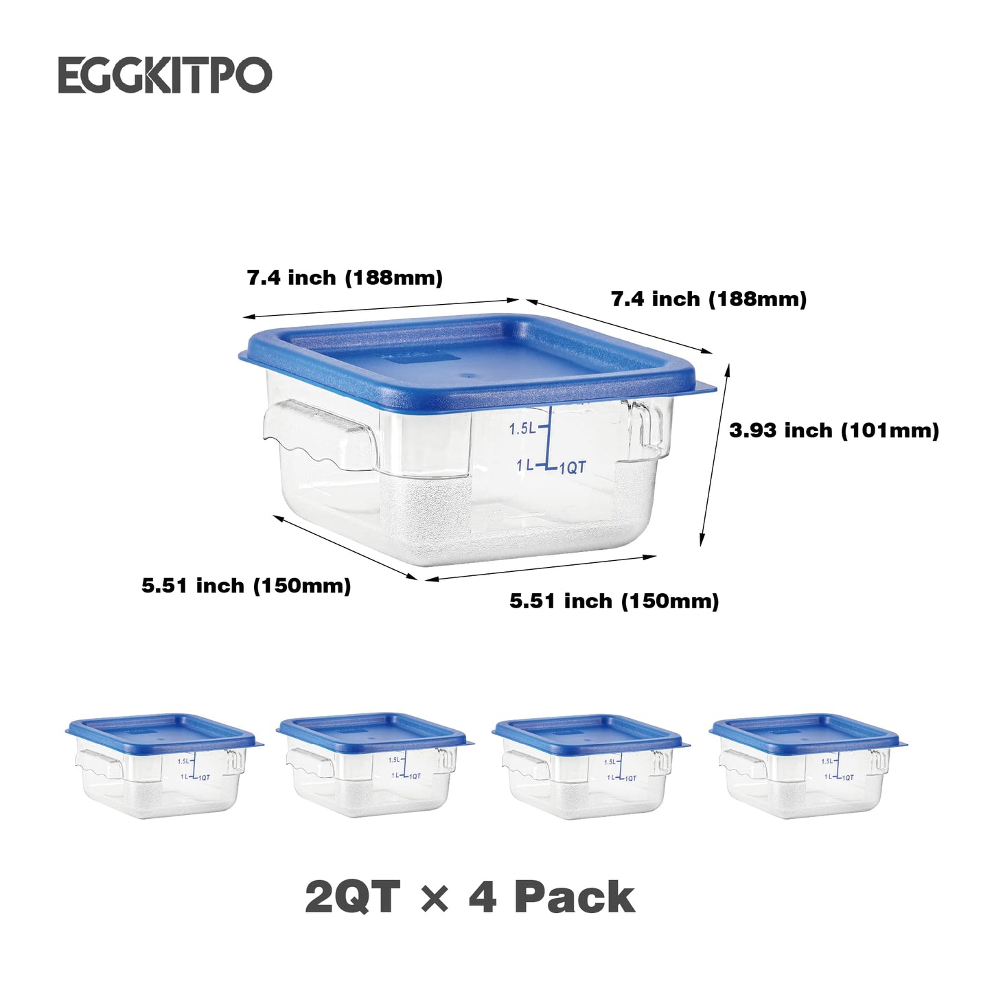 EGGKITPO 4 Pcs 2 QT Square Food Storage Containers with Blue Lids Home Kitchen Container Set with Handle, Clear Scarle for Grain Bean Stackable Dishwasher Freezer Safe BPA-Free Polycarbonate