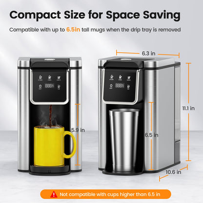 Horavie Single Serve Coffee Maker for K-Cup Pod and Grounds, Hot and Iced Coffee Maker, Strong Button Feature, 6 to 14oz Brew Sizes, 50oz Removable Tank, Up to 6.5 Inch Cup, Stainless Steel, Black