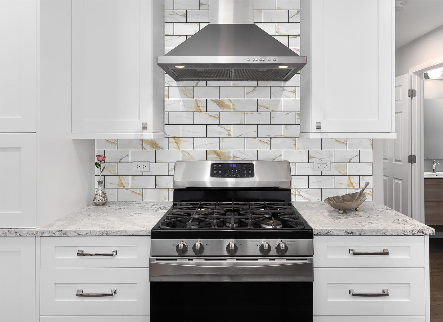 StyloVue 100 Pieces Peel and Stick Backsplash for Kitchen, 3" x 6" PVC Subway Tile Upgraded Calacatta Gold with Dark Gray Grout Backsplash Stick on Tile Elevate Kitchen, Bathroom, Fireplace,RV