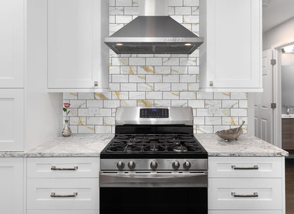 StyloVue 100 Pieces Peel and Stick Backsplash for Kitchen, 3" x 6" PVC Subway Tile Upgraded Calacatta Gold with Dark Gray Grout Backsplash Stick on Tile Elevate Kitchen, Bathroom, Fireplace,RV