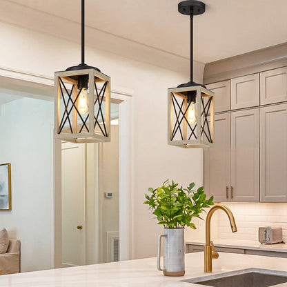 DEWENWILS Farmhouse Pendant Light, Metal Hanging Light Fixture with Wooden Grain Finish, 48" Adjustable Pipes for Flat and Slop Ceiling, Kitchen,Island, Living Room, Bedroom, E26 Base