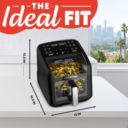 Gourmia Air Fryer 7 QT - Easy View Panorama Window & Interior Light, Guided Cooking with 12 One-Touch Presets, FryForce 360, Dishwasher Safe Accessories, Black