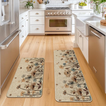 Artoid Mode Brown Poppy Floral Leaves Spring Kitchen Mats Set of 2, Spring Home Decor Low-Profile Kitchen Rugs for Floor - 24x35 and 24x59 Inch