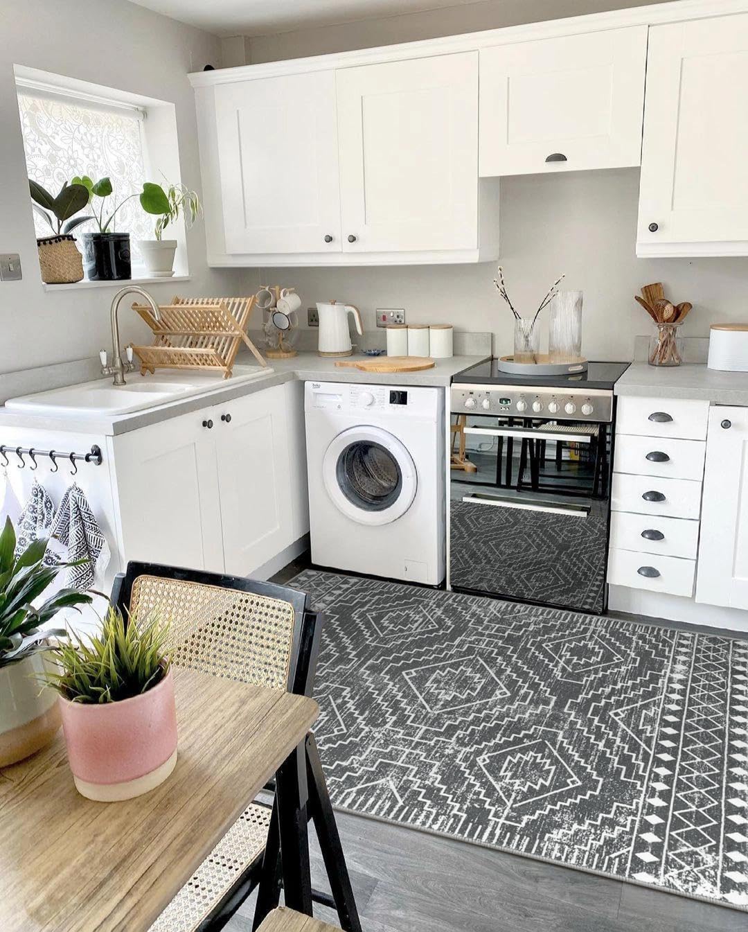 Wonnitar Moroccan 5x7 Washable Rug, Large Grey Area Rug for Living Room, Non-Slip Boho Bedroom Carpet Thin Soft Non-Shedding Farmhouse Rug for Dining Room Table Kitchen Home Office (Dark Grey,5'x7')