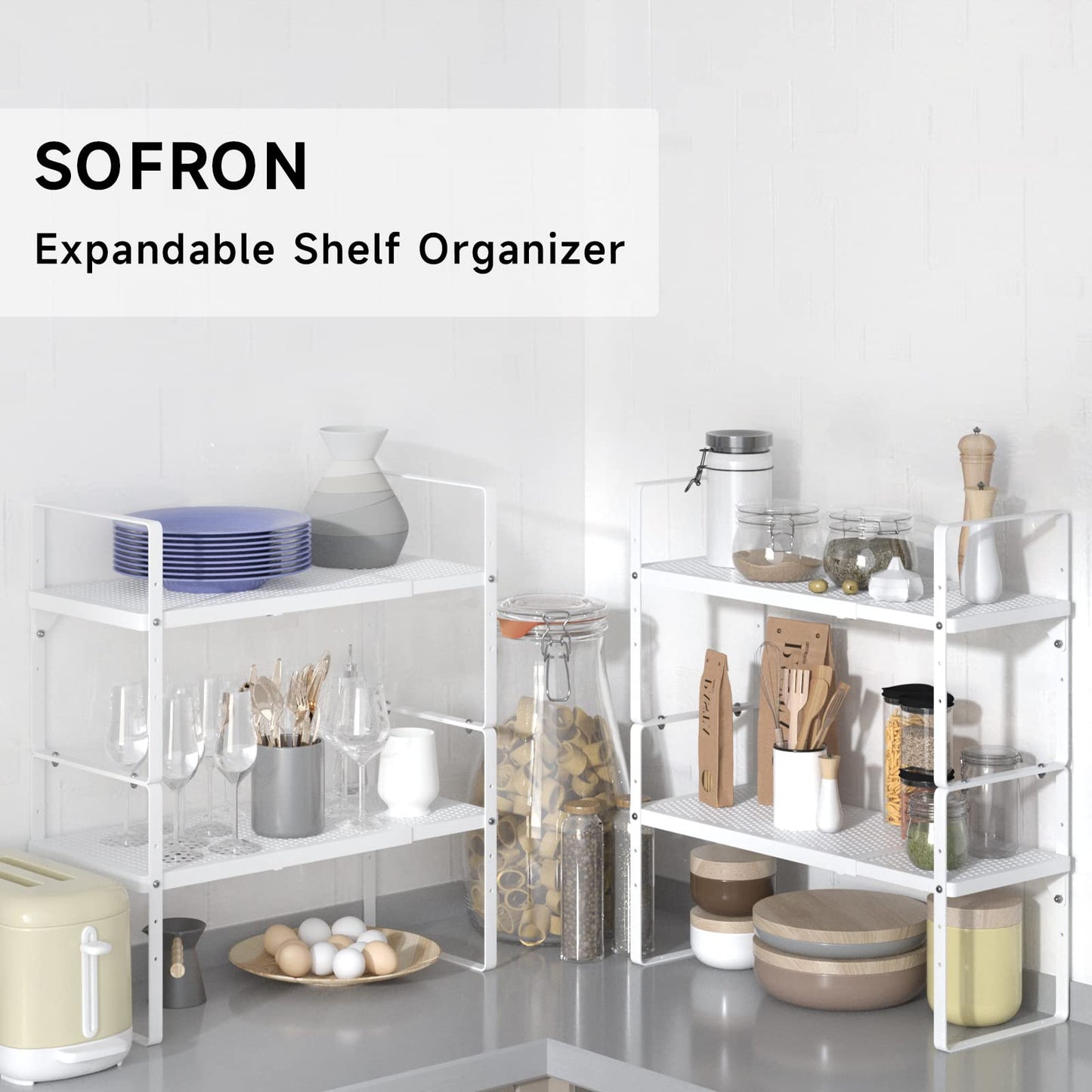 SOFRON Expandable Cabinet Storage Shelf Stackable Organizer Rack for Kitchen Bathroom Pantry Spice Cupboard Coffee Countertop Home Office Desk Heavy Duty Nonslip White Small 2 Packs