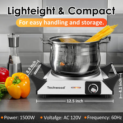 Techwood Hot Plate for Cooking, 1500W Electric Stove Countertop Single Burner with Adjustable Temperature & Stay Cool Handles, 7.5” Cooktop for Home/RV/Camp, Compatible for All Cookwares, Silver