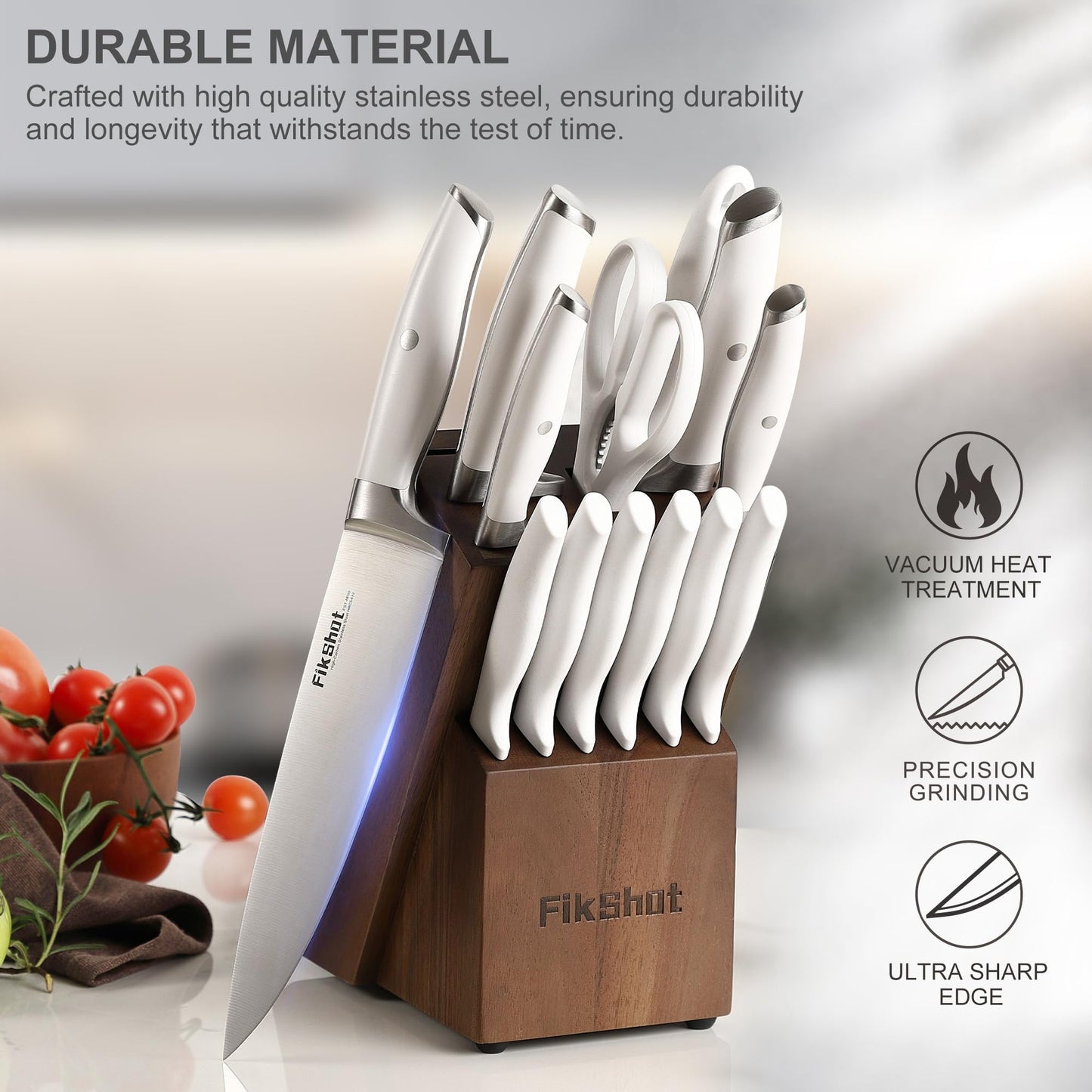 Fikshot 14-Piece Knife Set – German High Carbon Stainless Steel, Professional Chef Knives with Block & Sharpener, Elegant White, Dishwasher-Safe, Modern Kitchens, Rental Homes, Gift for Chefs