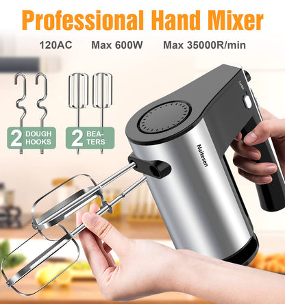 600W Electric Hand Mixer with 6 Piece Mixing Bowls with Airtight Lids Set, Mixer Electric Handheld Stainless Steel Metal Nesting Bowls Set for Kitchen Cooking Baking