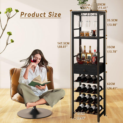 IBUYKE Wine Rack Freestanding Floor, Bar Cabinet for Liquor and Glasses,Coffee Bar Cabinet 4-Tier Wood bar Cabinet,Glass Holder and Storage Drawer for Home Bar Kitchen Living Room,Black UTMJ905B