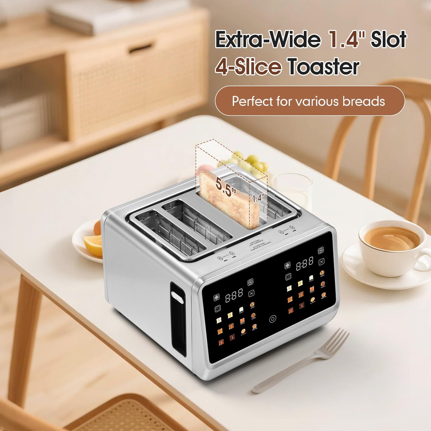 4 Slice Touch Screen Toaster with LCD Display Stainless Steel Digital Toasters 6 Bread Types& 6 Shade Settings Smart Extra Wide Slots Toaster With Bagel Cancel Defrost Reheat Functions
