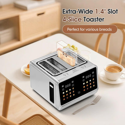 4 Slice Touch Screen Toaster with LCD Display Stainless Steel Digital Toasters 6 Bread Types& 6 Shade Settings Smart Extra Wide Slots Toaster With Bagel Cancel Defrost Reheat Functions