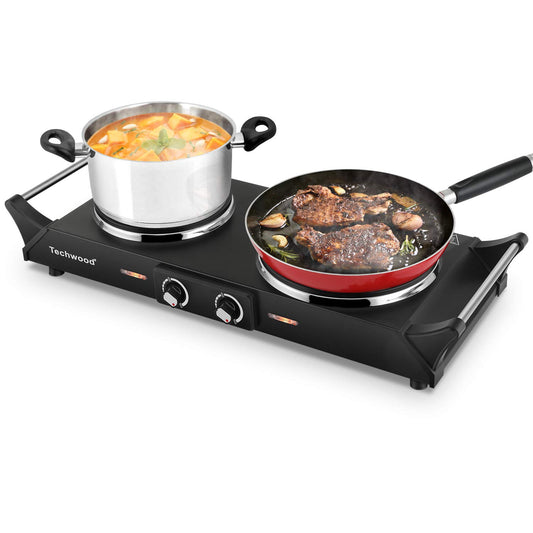 Techwood ES-3203 Hot Plate Electric Double Burner 1800W for Cooking with Adjustable Temperature & Stay Cool Handles, Black Stainless Steel, Compatible for All Cookwares