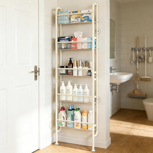 Ormeo Home Behind The Door Narrow Bookshelves Pantry Spice Rack 5-Tier Slim Metal Space-Saving Organizer for Bathroom Closet Kitchen Living Room Sturdy Room Laundry Room, White