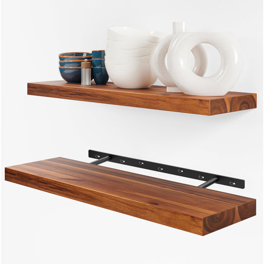 BATODA Set of 2 24" Acacia Wood Floating Shelves Wall Mounted – Rustic Farmhouse Wooden Wall Storage Shelf for Bedroom, Kitchen, Home Décor - Brackets and Shelving Hardware Included