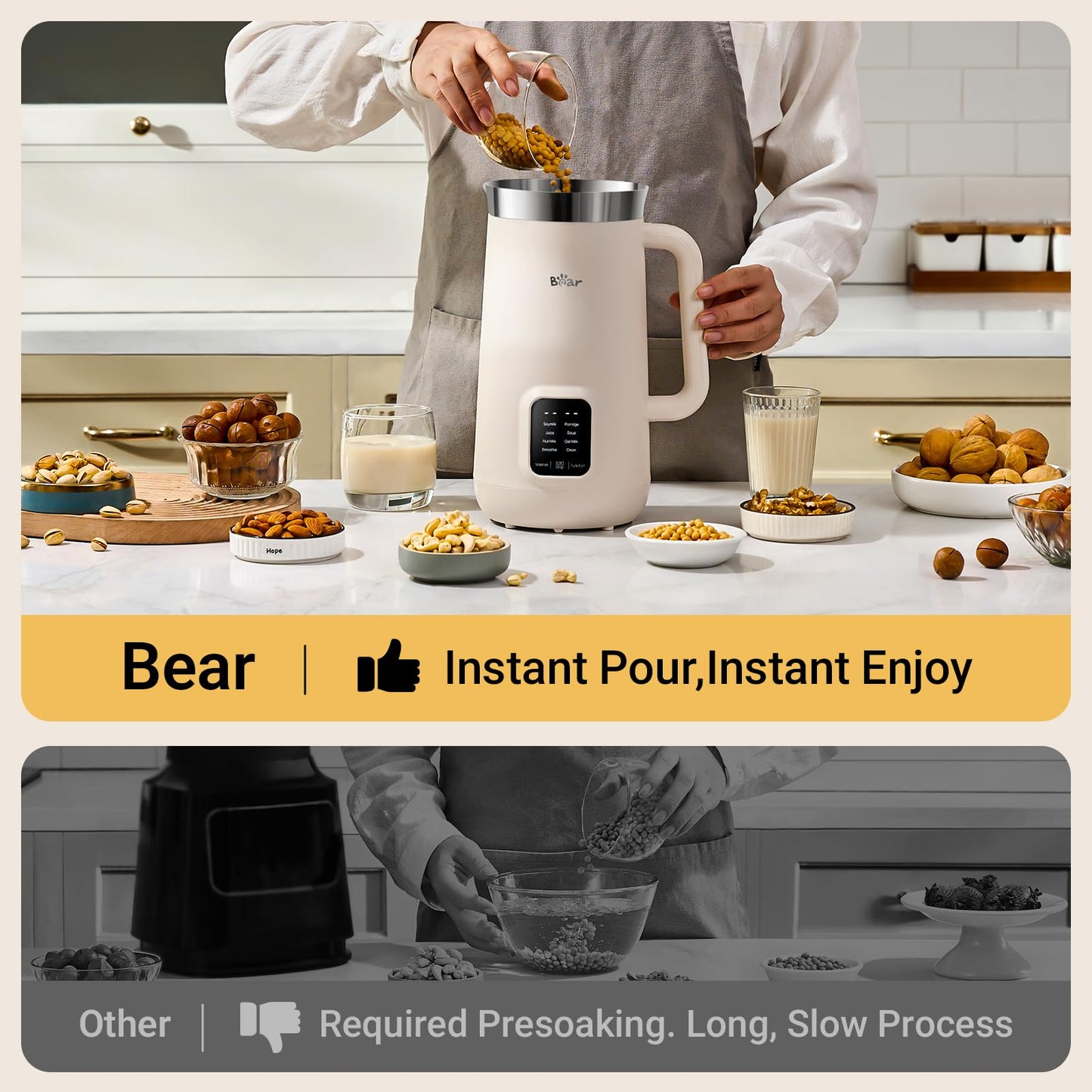 Bear 8 in 1 Nut Milk Maker Machine, 40oz/1.2L Soy Milk Maker with Self Clean/12H Delay/6H Keep Warm, One Touch Almond Milk Maker for Homemade Oat, Soup, Juice, Plant Based and Non Dairy Beverages