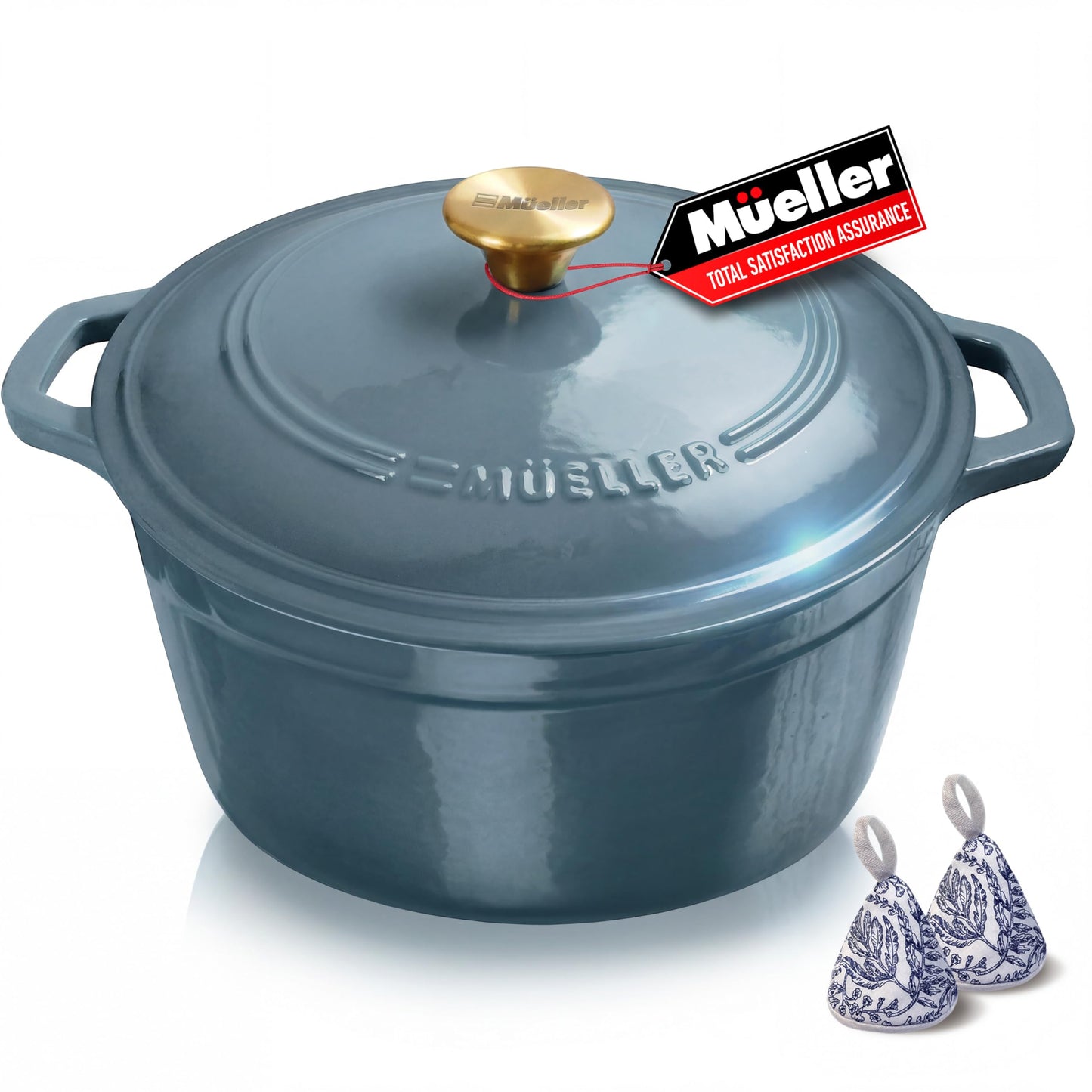 MUELLER HOME 6 Quart Enameled Cast Iron Pot Dutch Oven, Heavy-Duty, Oven-Safe up to 500° F & Across All Cooktops, Bread Pan with Lid & Knob, Cast Iron Cookware, Blue Kitchen Accessories, Mineral Blue