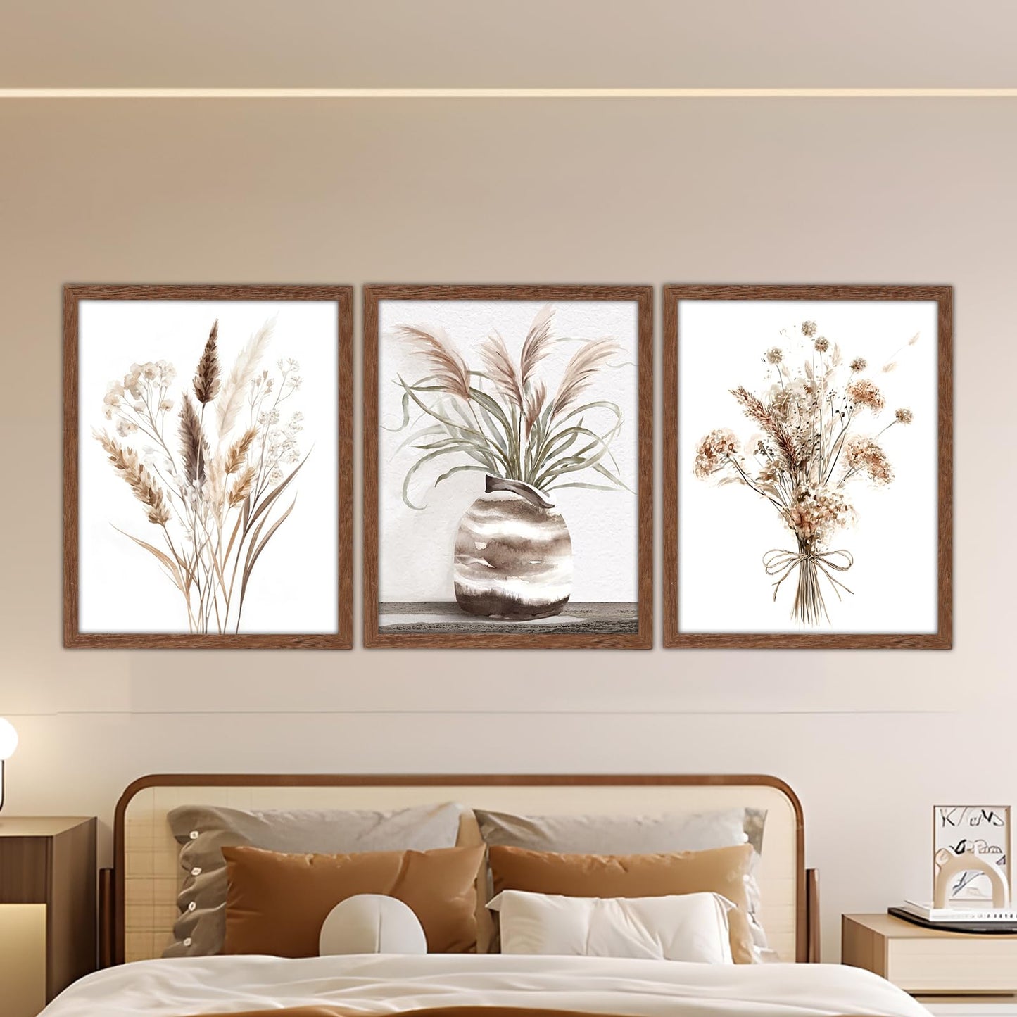 JJY Framed Fall Farmhouse Boho Decor for Wall Art Prints set of 3 -Autumn Pampas Grass Wall Decor Poster Aesthetics -Nature Fall Plant Painting Set for Home Living Room Kitchen Wall Decor 11"x14"