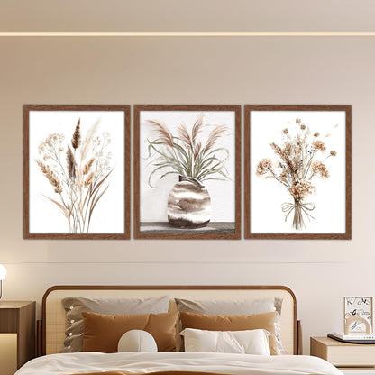 JJY Framed Fall Farmhouse Boho Decor for Wall Art Prints set of 3 -Autumn Pampas Grass Wall Decor Poster Aesthetics -Nature Fall Plant Painting Set for Home Living Room Kitchen Wall Decor 11"x14"