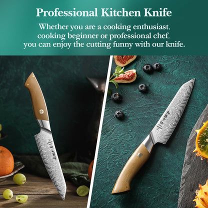 HEZHEN Kitchen Utility Knife, 5.5 Inches, 67 Layers Damascus Steel, Multifucational Paring Knife for Chefs and Home Cooking, Ultra-sharp Blade with Linen Micarta Handle, Gift Packing