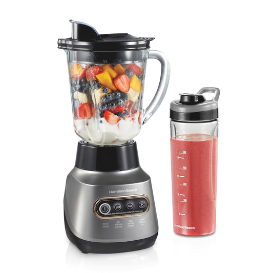 Hamilton Beach Wave Action Blender for Smoothies, Stainless Steel Ice Sabre Blades, 40oz Glass Jar, 20oz Blend-In Portable Travel Jar, 800 Watts, Quiet Design, Gray (58181)