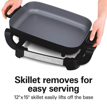Hamilton Beach Electric Skillet with PFAS-Free Durathon Ceramic Coating, Removable 12x15” Pan, Adjustable Temperature, Reversible Design, Tempered Glass Lid, Black Nonstick Surface (38531)