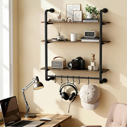 Kssiaz 3 Tier Industrial Pipe Floating Shelf, 24" Kitchen Wall Shelves with Towel Bar & 6 Hooks, Coffee Bar Shelves Display Bookshelf Wall Shelf for Kitchen, Bathroom, Home Décor, Rustic Brown