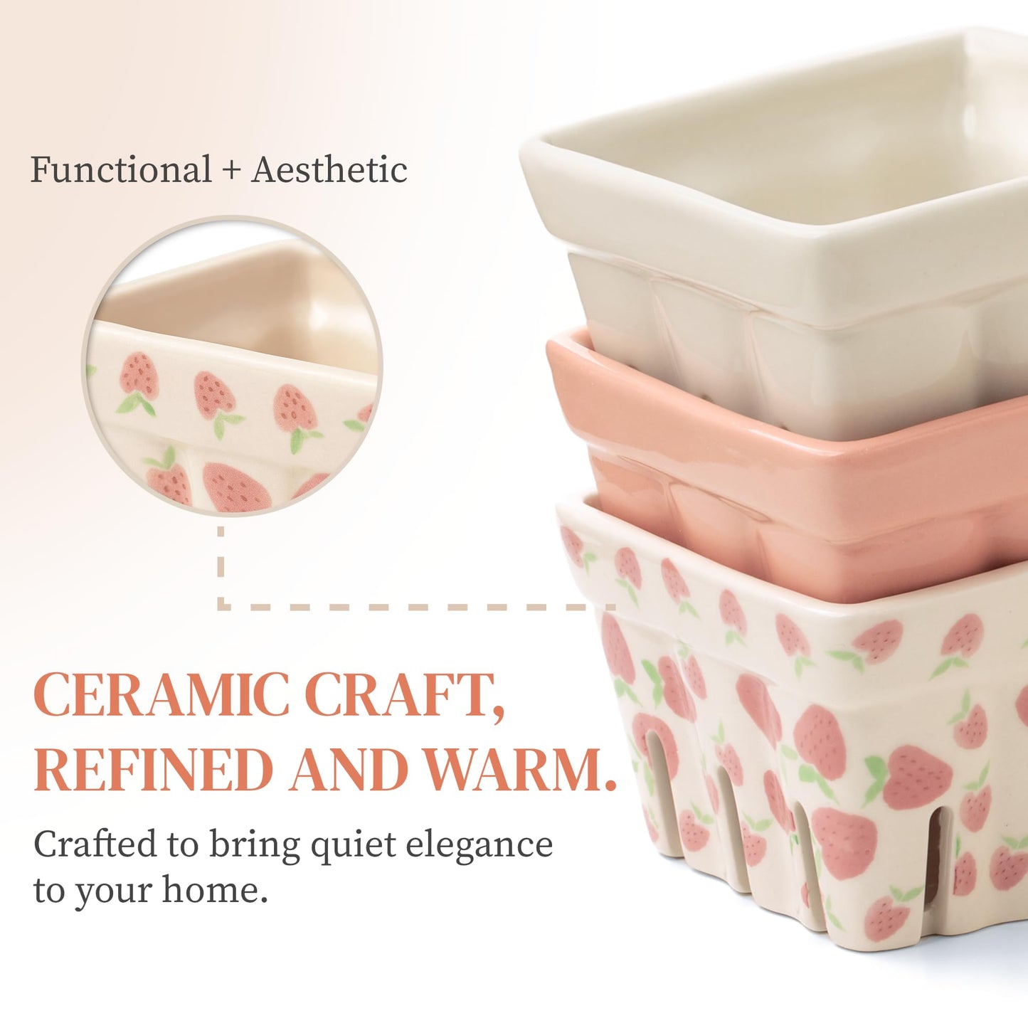 Ceramic Berry Basket, Farmhouse Colander, Strawberry Decor, Fruit Bowls, Fruit Baskets, Kawaii Strawberry Kitchen bowl, Pink White and Cute Strawberry pattern Stoneware Harvest Square Bowls Set of 4