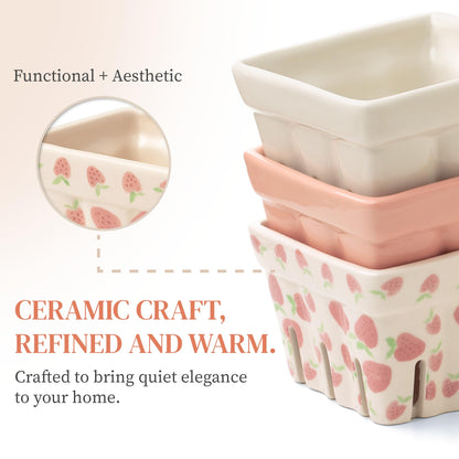 Ceramic Berry Basket, Farmhouse Colander, Strawberry Decor, Fruit Bowls, Fruit Baskets, Kawaii Strawberry Kitchen bowl, Pink White and Cute Strawberry pattern Stoneware Harvest Square Bowls Set of 4