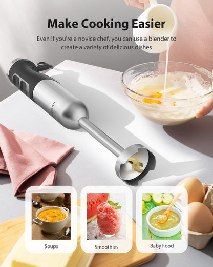 1000W Powerful Immersion Blender Handheld, 2025 New Update Hand Blender with 25-Speed and Heavy-Duty Copper Motor (Silver)