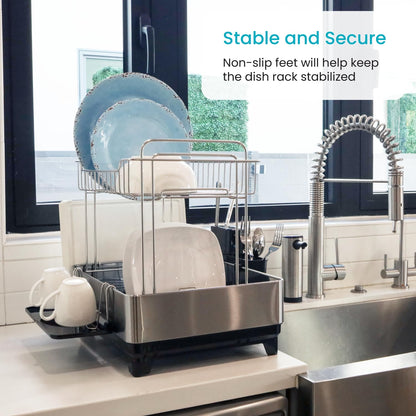 Home Zone Living Large 2-Tier Stainless Steel Dish Drying Rack with Drain Pipe and Utensil Holders