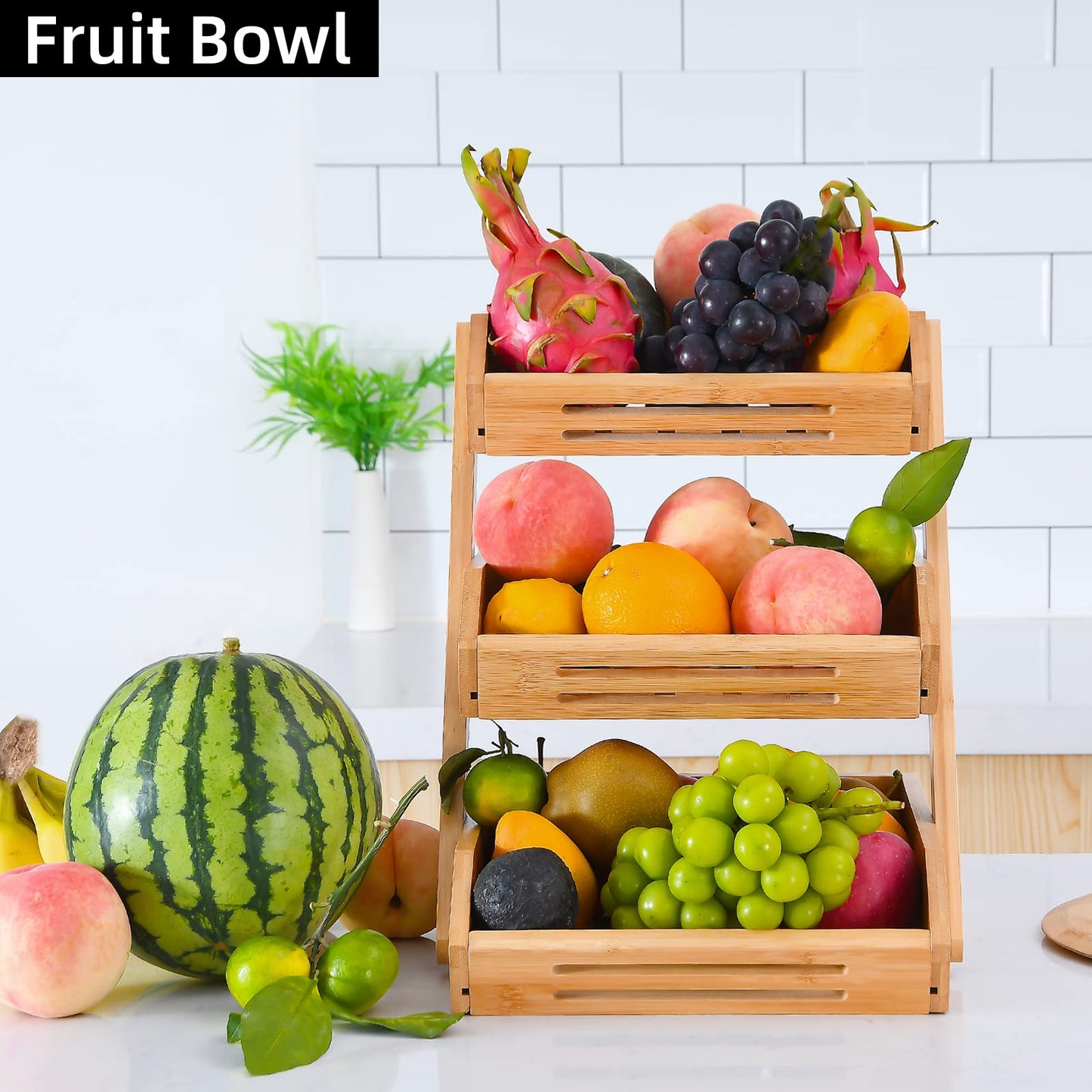 VIKEYHOME Fruit Basket, 3 Tier Bamboo Fruit Bowl for Kitchen, Stand Storage Holder, Heavy Duty/Large Capacity for Fruit, Vegetables Countertop Organizer
