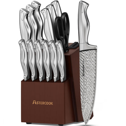 Astercook Knife Set, 15-Piece Kitchen Knife Set with Block, Built-in Knife Sharpener, German Stainless Steel Knife Block Set, Dishwasher Safe, Mothers Day Gifts