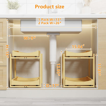 Bamboo Under Sink Organizer Adjustable Height 2 Tier Bathroom Organizer Pull Out Cabinet Storage Kitchen Heave Duty Wood Slide Ou Shelf for Kitchen Bathroom (Black, 2 Packs) (Nature, 2 Packs)