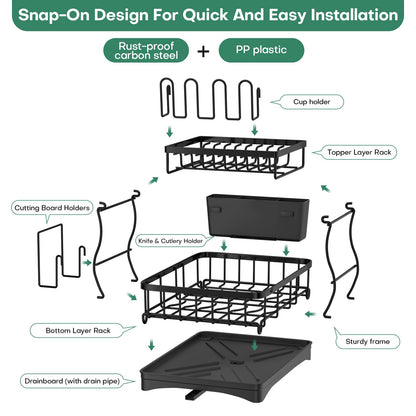 2 Tier Dish Rack, Carbon Steel Dish Drying Rack for Kitchen Organization & Storage, Countertop / Sink Dish Rack with Automatic Drain Tray, Large Capacity Black Dish Rack - Essential Home Kitchen Item