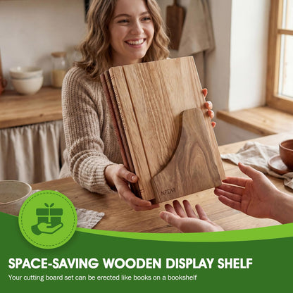 NEDVI Book Cutting Board Set with Wooden Stand-Wooden Kitchen Cutting Boards That Look Like Books for Cheese Meat Vegetables, Chopping Board Gift Set for Home Cooks & Kitchen Decor