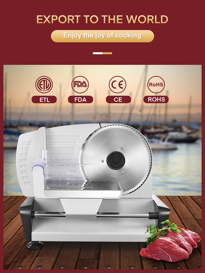 FOHERE 200W Meat Slicer Machine for Home, Electric Food Slicer with Two 7.5" Sharp Stainless Steel Blade(Serrated + Smooth) 0-15mm Precise Thickness Deli Meat Slicer for Bread Fruit Vegetable(Silver)