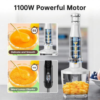 Immersion Blender Handheld Corded Hand Blenders Set 1100W, Trigger Variable Speed 5 in 1 Stick Emulsifier with Chopper, Whisk and Frother for Soup, Baby Food and Smoothies, White