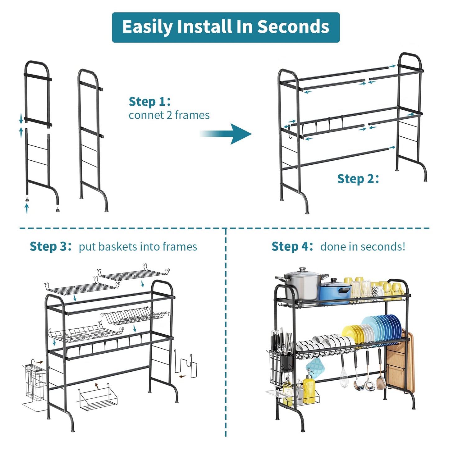 HOWDIA 3-Tier Over The Sink Dish Drying Rack,Stainless Steel Dish Rack with Cutlery Holder & Chopping Board Rack, 33.9” x 11.4” x 32.3” for Maximum Kitchen Storage（Black）
