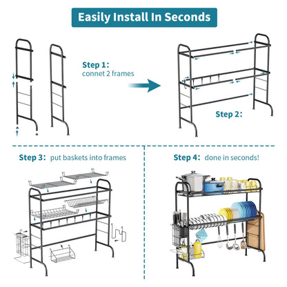 HOWDIA 3-Tier Over The Sink Dish Drying Rack,Stainless Steel Dish Rack with Cutlery Holder & Chopping Board Rack, 33.9” x 11.4” x 32.3” for Maximum Kitchen Storage（Black）