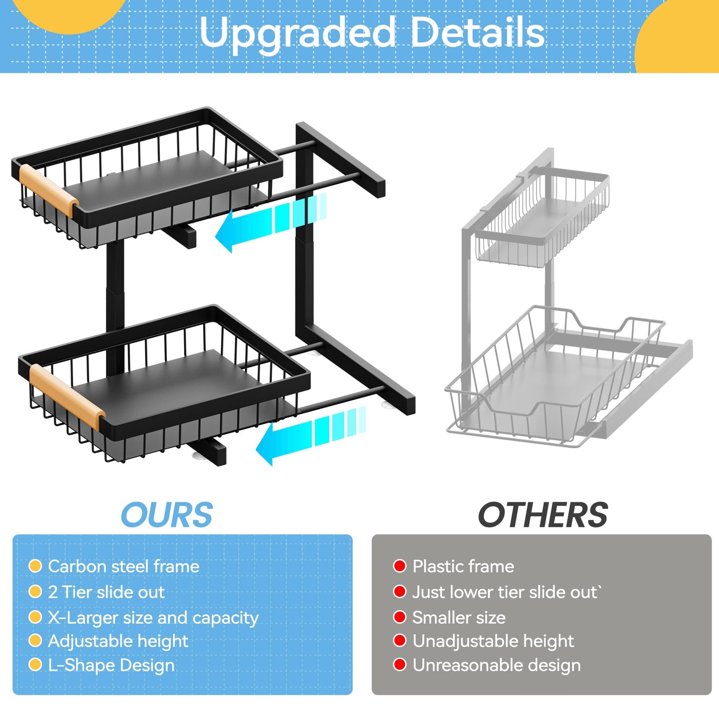 ADBIU Under Sink Organizer XL Size, 2 Packs 2 Tier Expandable Height (13.5" - 17.5") Under-Sink Organizers Slide out Pull out Bathroom Kitchen Organizers And Storage
