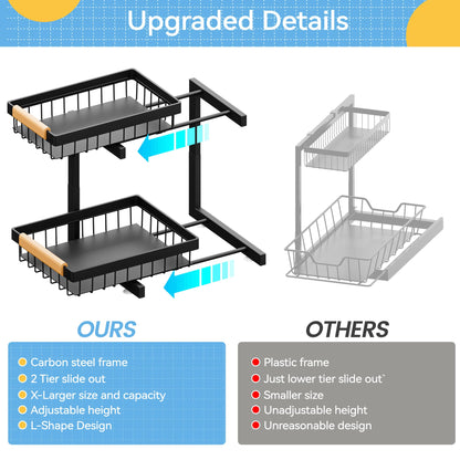 ADBIU Under Sink Organizer XL Size, 2 Packs 2 Tier Expandable Height (13.5" - 17.5") Under-Sink Organizers Slide out Pull out Bathroom Kitchen Organizers And Storage