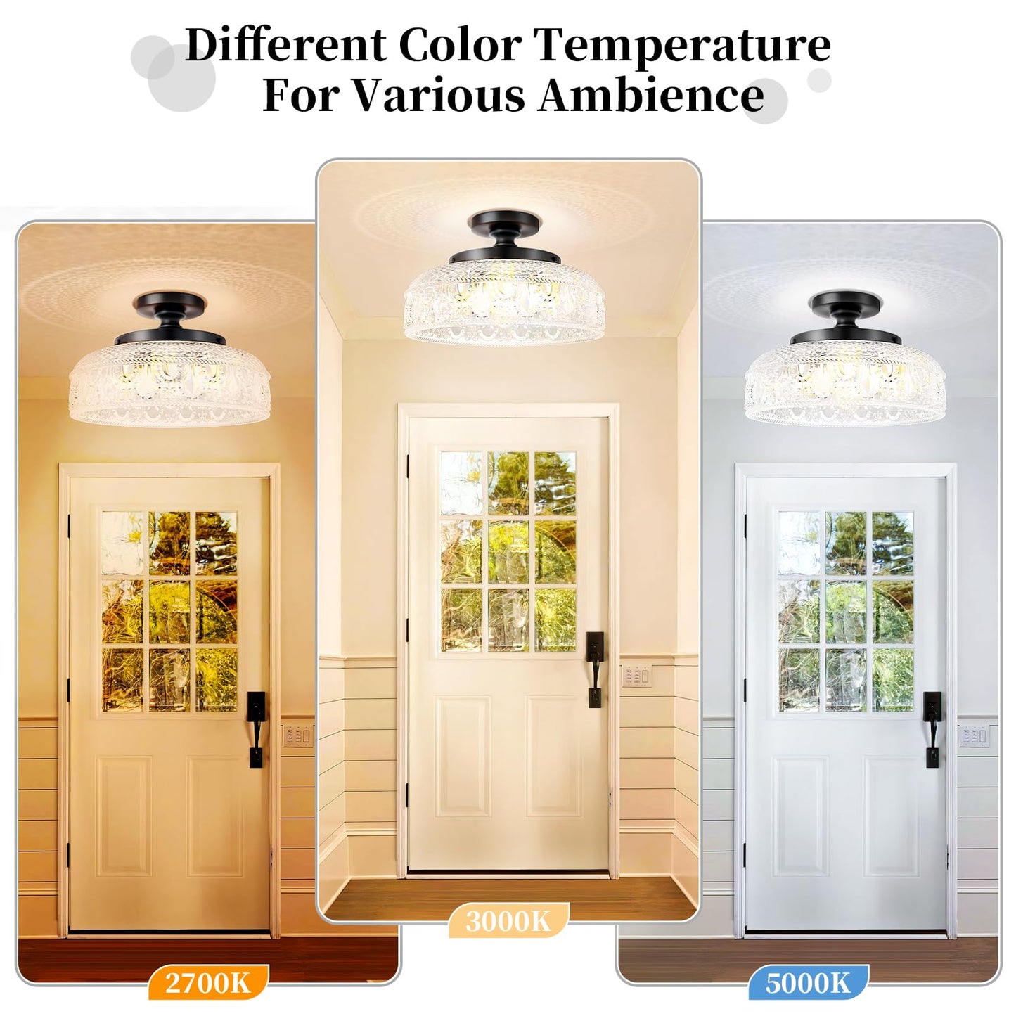 Lamomo Semi Flush Mount Ceiling Light, Upgraded Larger 12 Inch Black Hallway Light Fixture, 3 Light Globe Glass Close to Ceiling Light, Indoor Hanging Light for Bedroom Kitchen Porch Hallway
